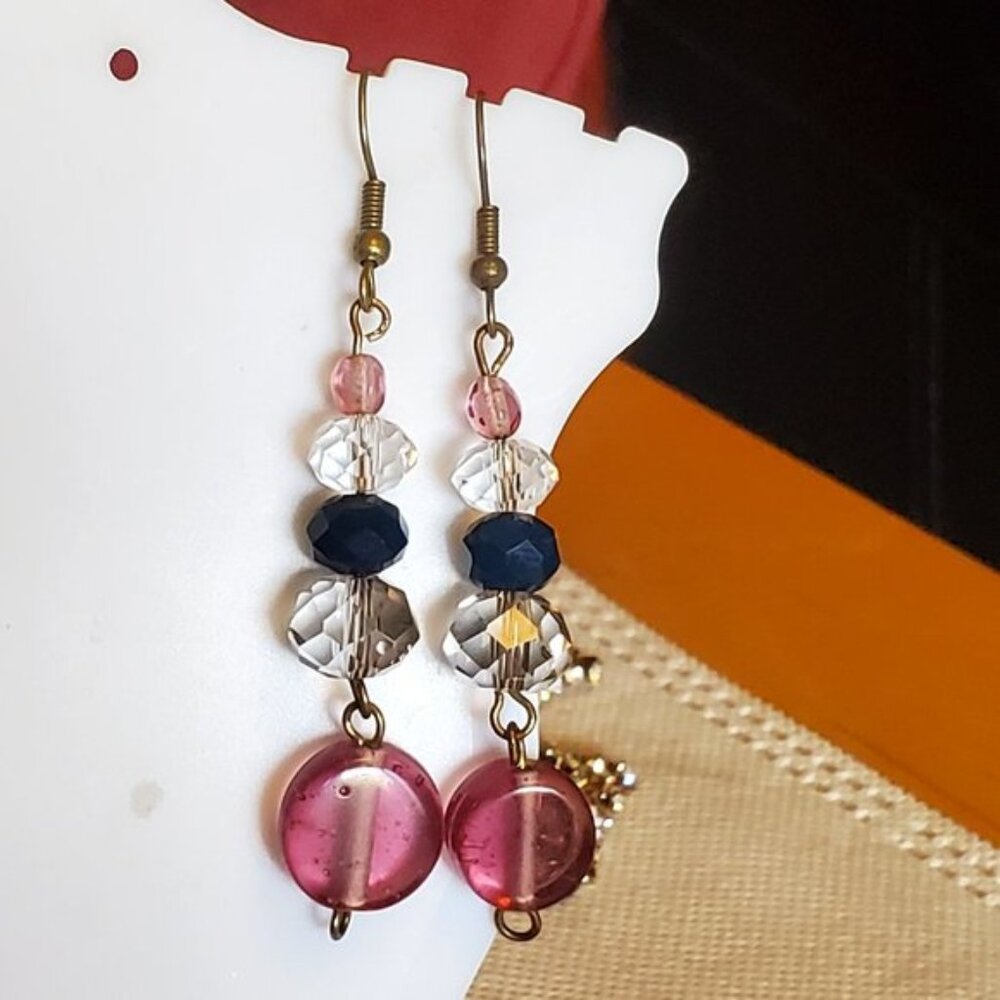 2IN Bronze Hook Layered Glass Bead Dangle Earrings